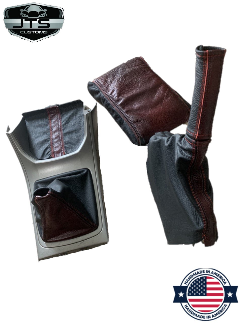 2008 - 2014 Subaru Impreza WRX STI Shift E-Brake Boot & Console Lid Cover Set in Black & Red 2-Tone ( Quad Stitch )