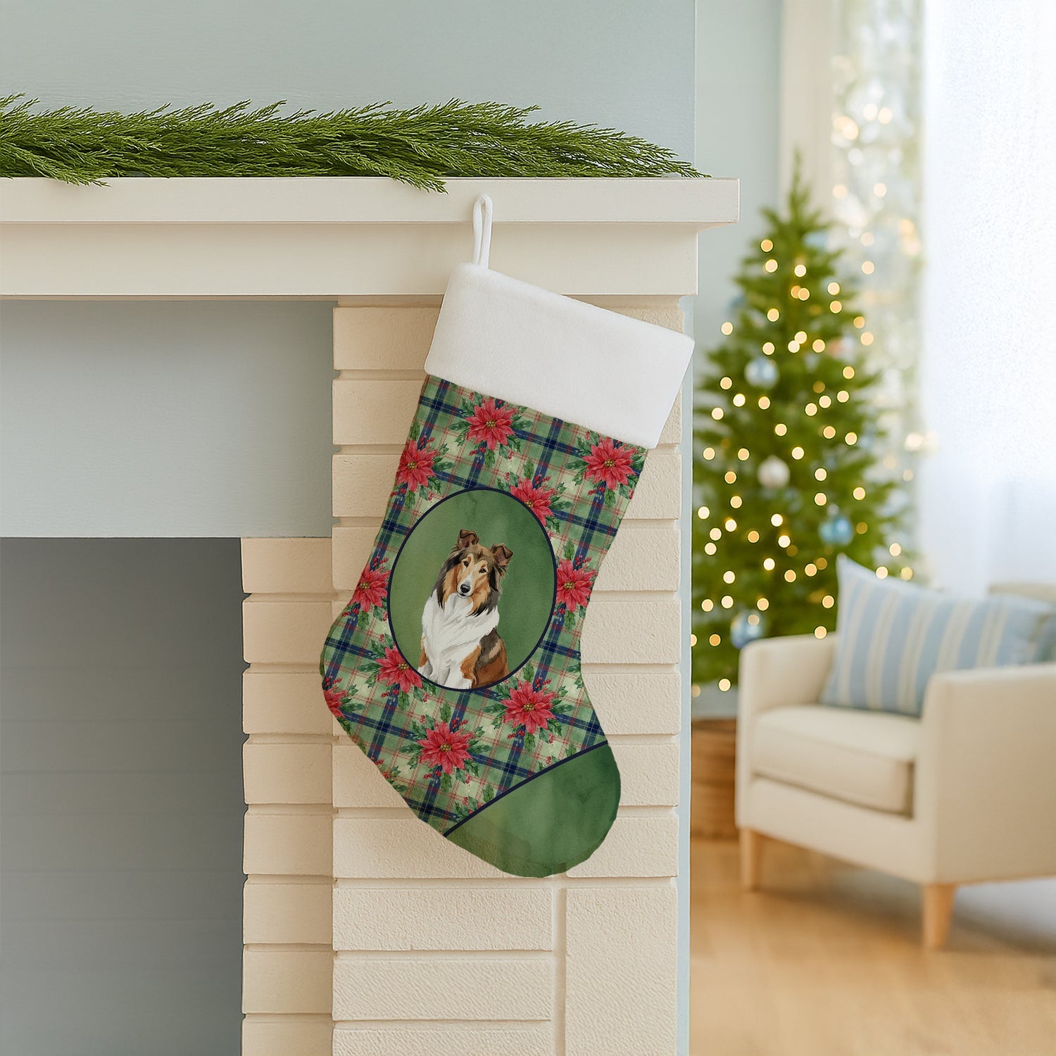 Sable Collie Christmas PoinsettIas Holiday Stocking